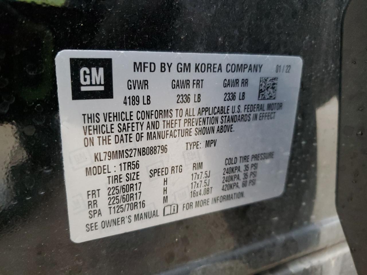 2022 CHEVROLET TRAILBLAZER LS VIN:KL79MMS27NB088796