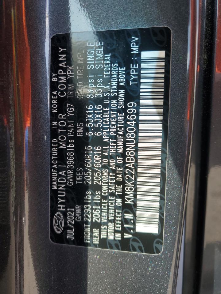 2022 HYUNDAI KONA SEL VIN:KM8K22AB8NU804699