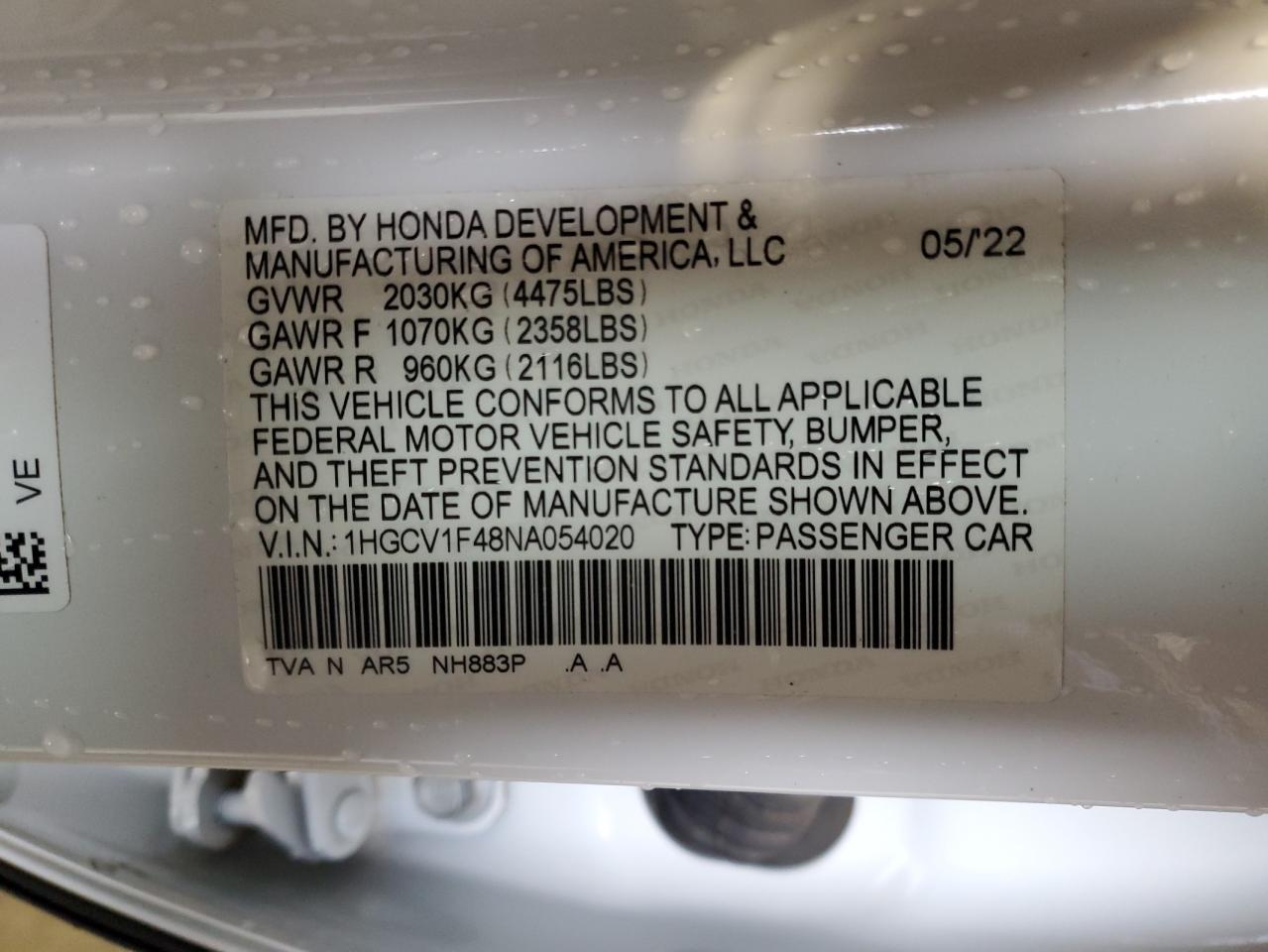 2022 HONDA ACCORD SPORT SE VIN:1HGCV1F48NA054020