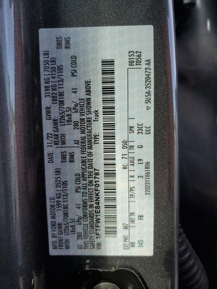 2022 FORD F150 SUPERCREW VIN:1FTFW1E84NKF01787