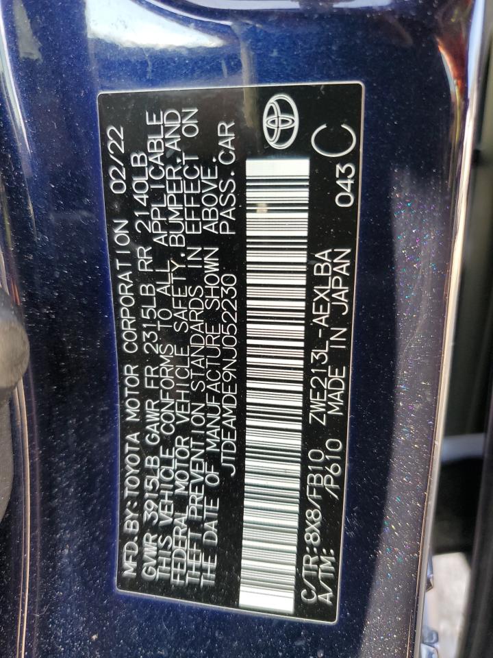 2022 TOYOTA COROLLA LE VIN:JTDEAMDE9NJ052230