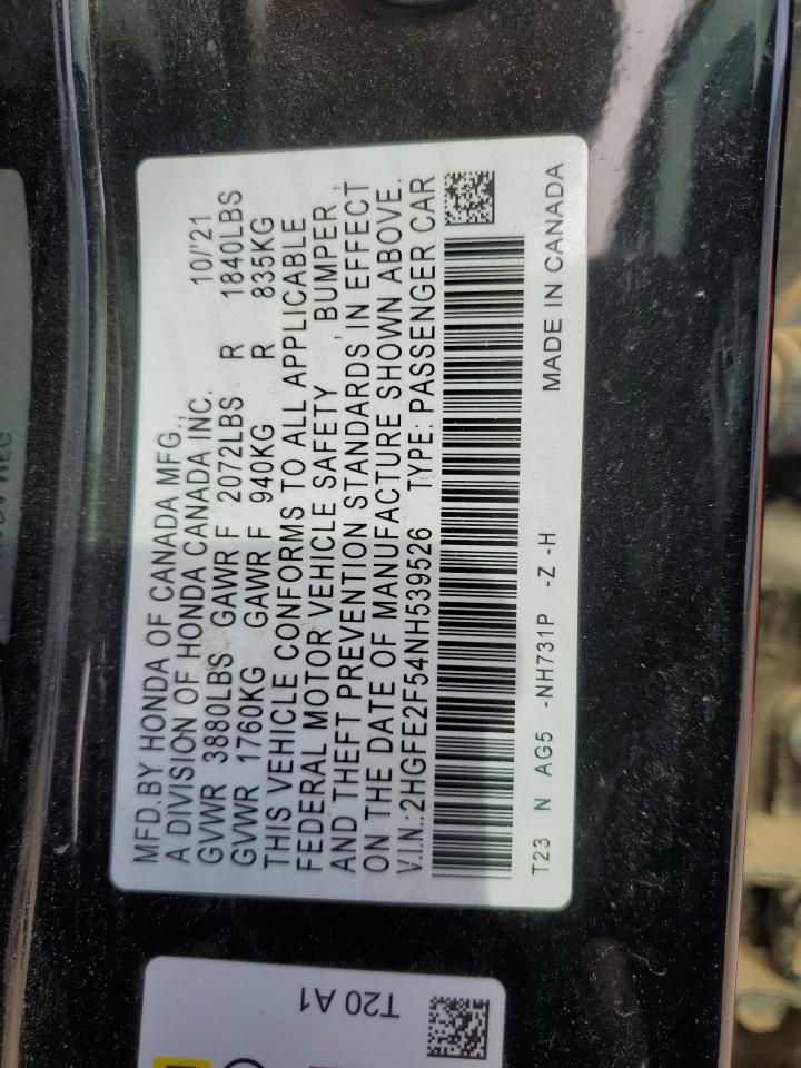 2022 HONDA CIVIC SPORT VIN:2HGFE2F54NH539526