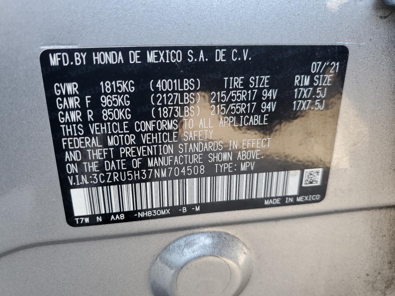 2022 HONDA HR-V LX VIN:3CZRU5H37NM704508
