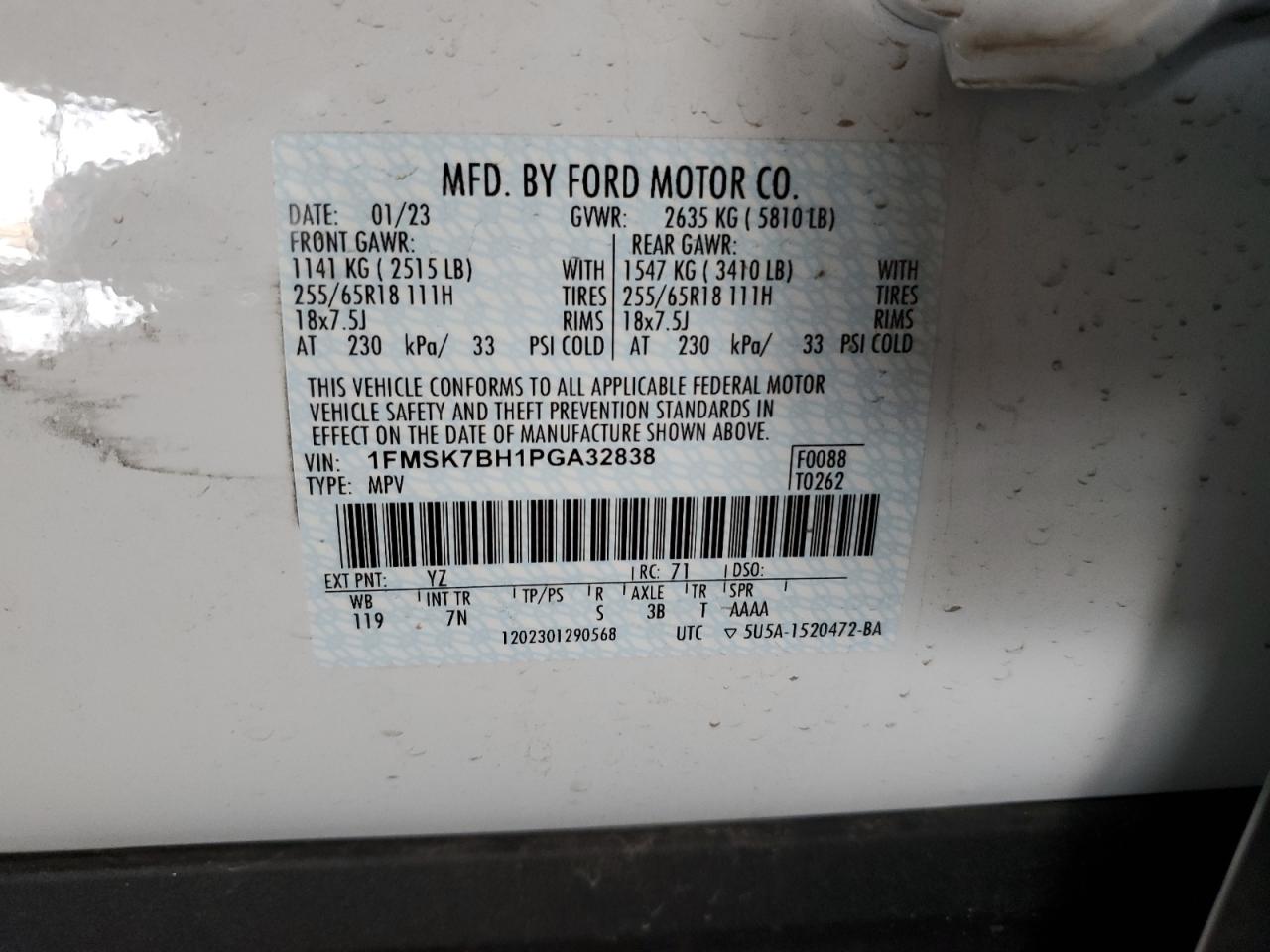 2023 FORD EXPLORER  VIN:1FMSK7BH1PGA32838
