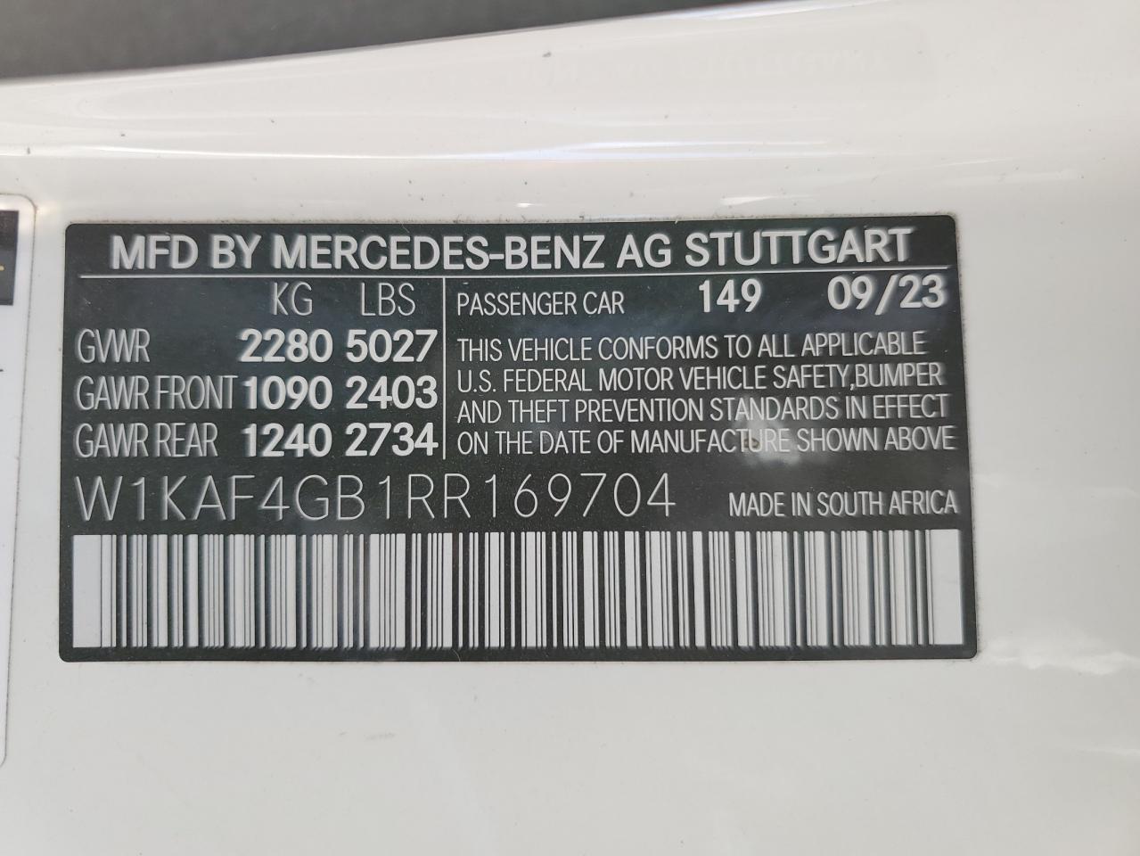 2024 MERCEDES-BENZ C 300 VIN:1FTNE2EW3BDA87551