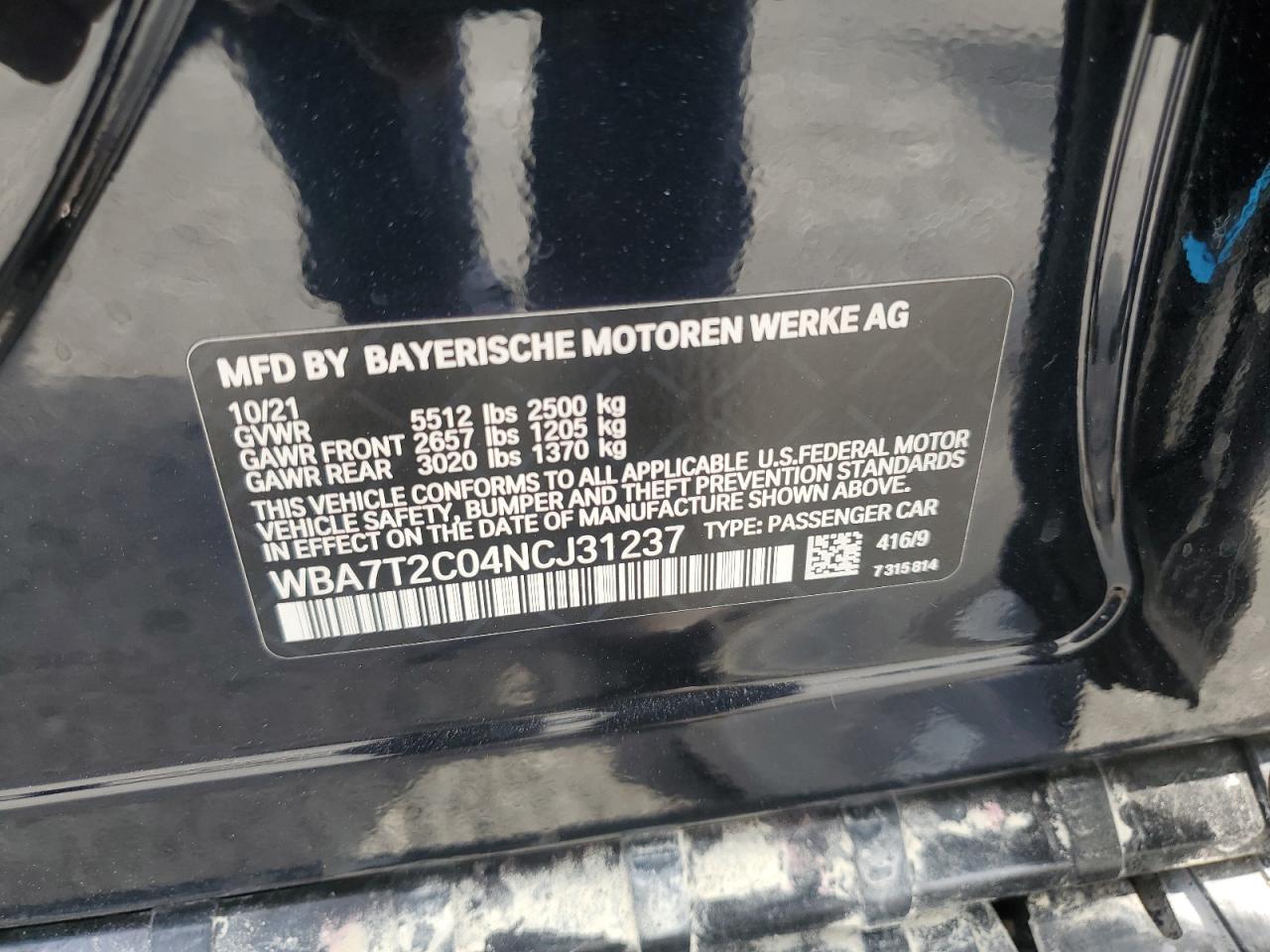 2022 BMW 740 I VIN:WBA7T2C04NCJ31237