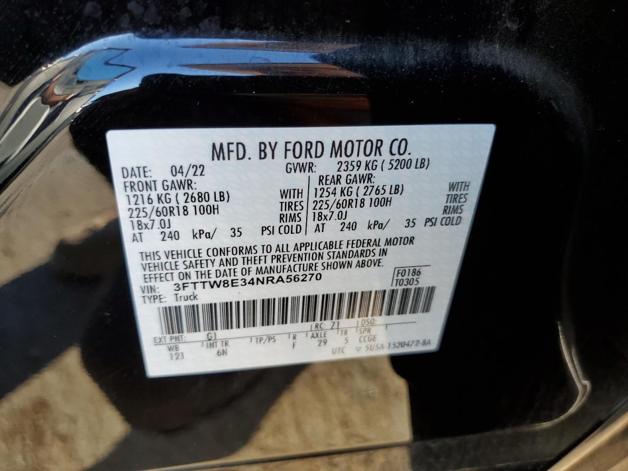 2022 FORD MAVERICK XL VIN:3FTTW8E34NRA56270
