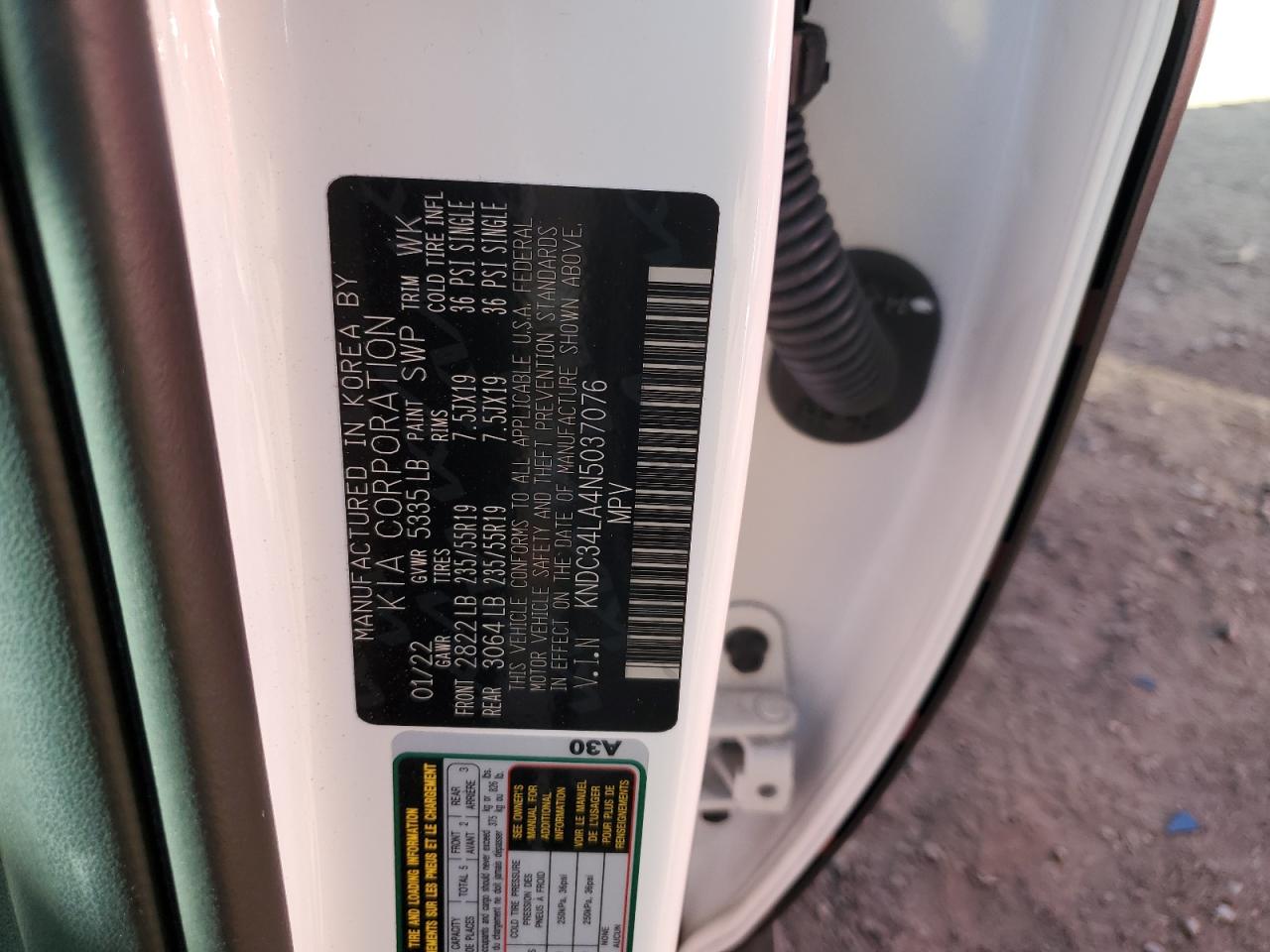 2022 KIA EV6 LIGHT VIN:KNDC34LA4N5037076