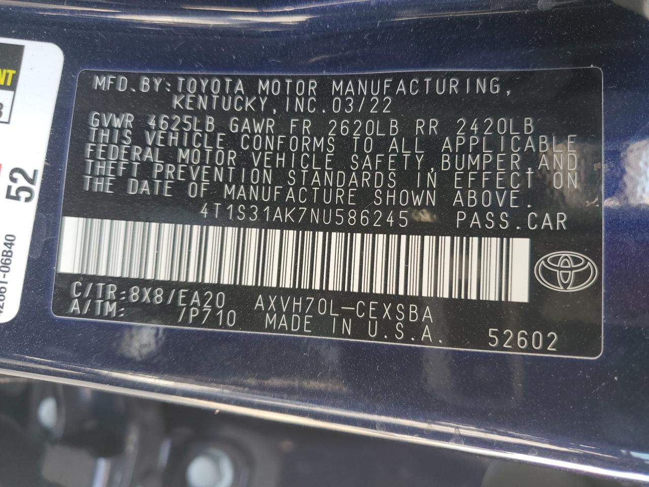 2022 TOYOTA CAMRY NIGHT SHADE VIN:4T1S31AK7NU586245