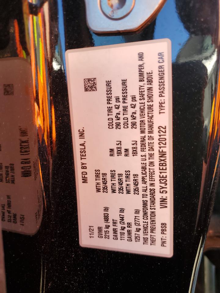 2022 TESLA MODEL 3  VIN:5YJ3E1EBXNF120122
