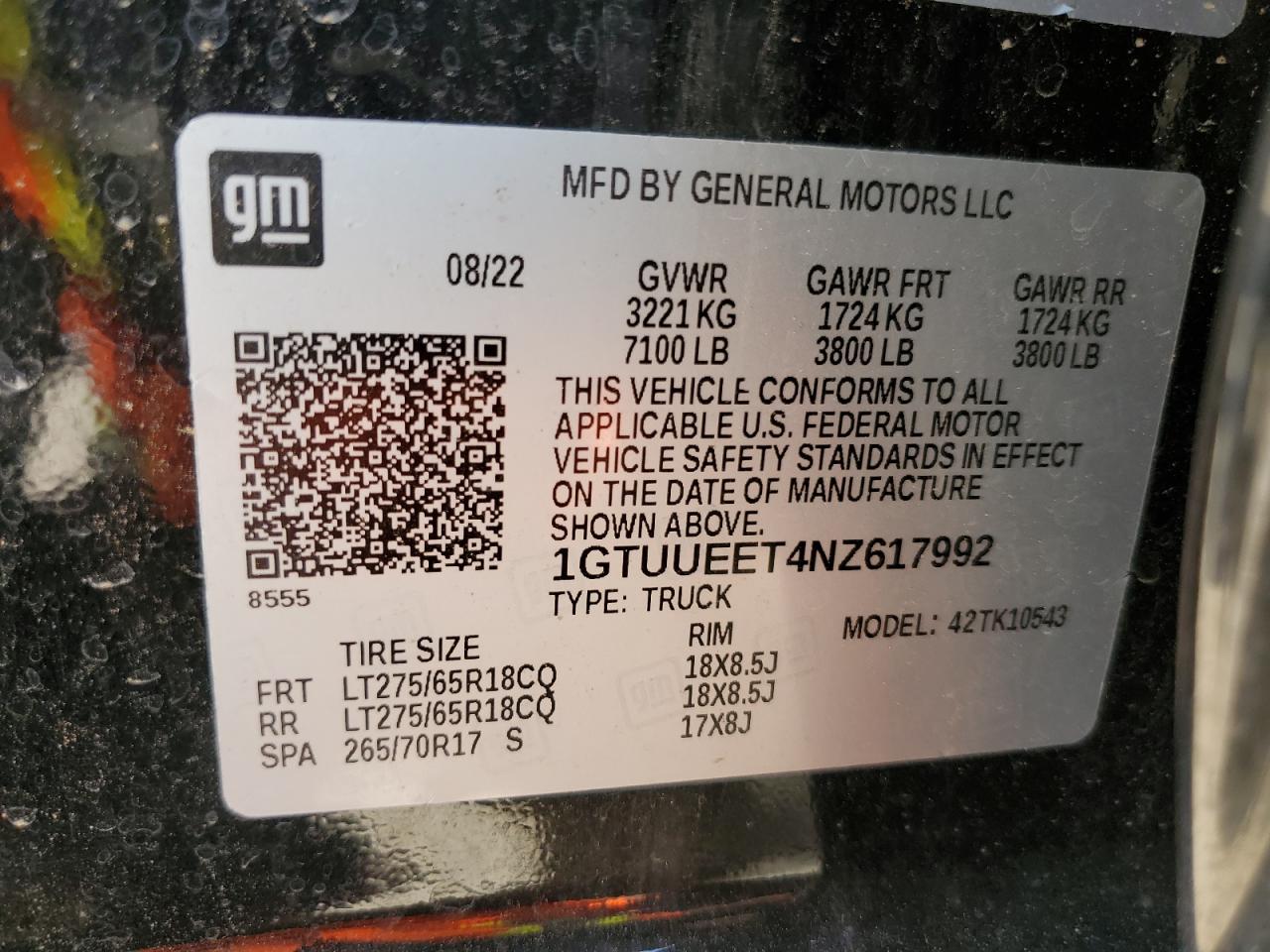 2022 GMC SIERRA K1500 AT4 VIN:1GTUUEET4NZ617992