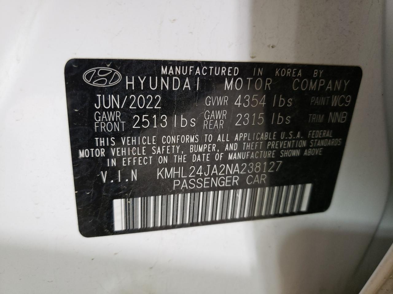 2022 HYUNDAI SONATA SE VIN:KMHL24JA2NA238127