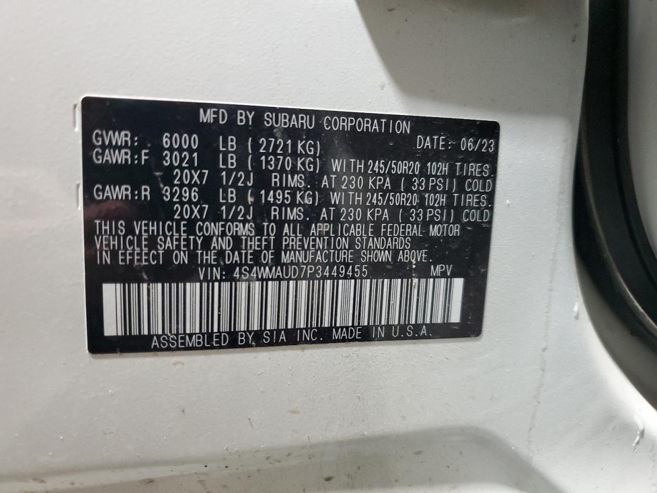 2023 SUBARU ASCENT LIMITED VIN:4S4WMAUD7P3449455