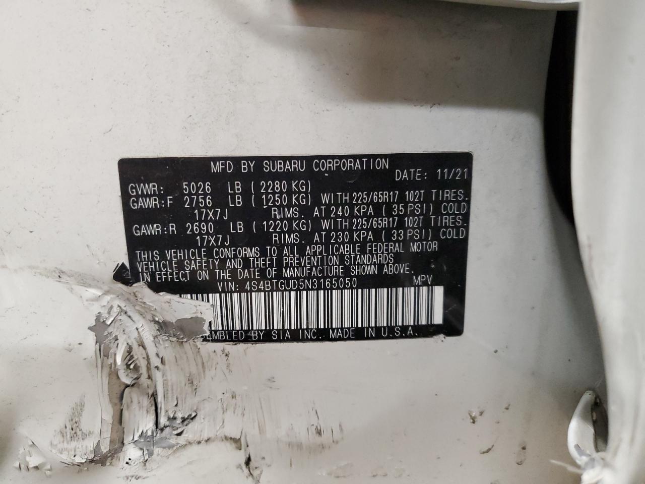 2022 SUBARU OUTBACK WILDERNESS VIN:4S4BTGUD5N3165050