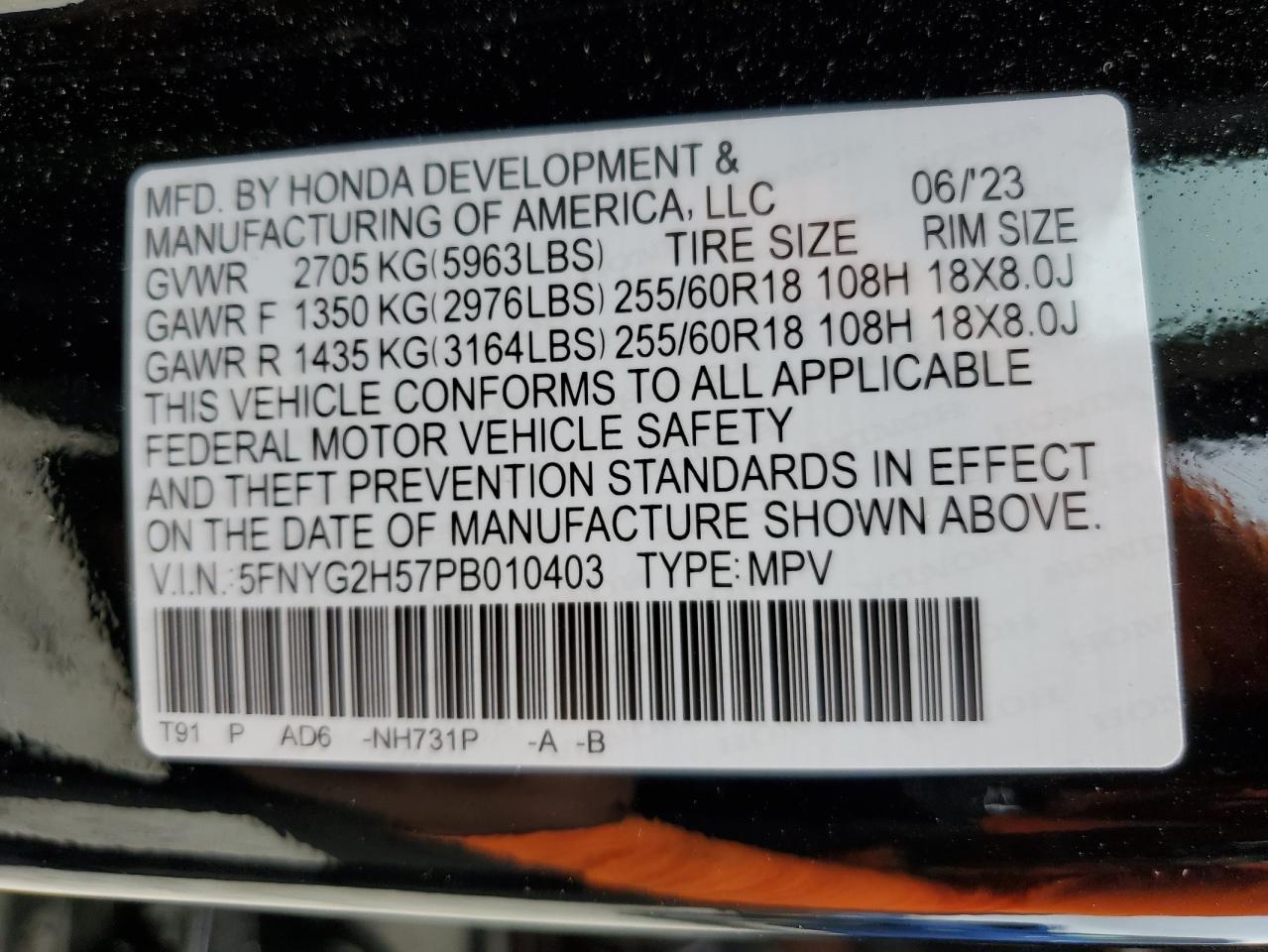 2023 HONDA PILOT EXL VIN:5FNYG2H57PB010403