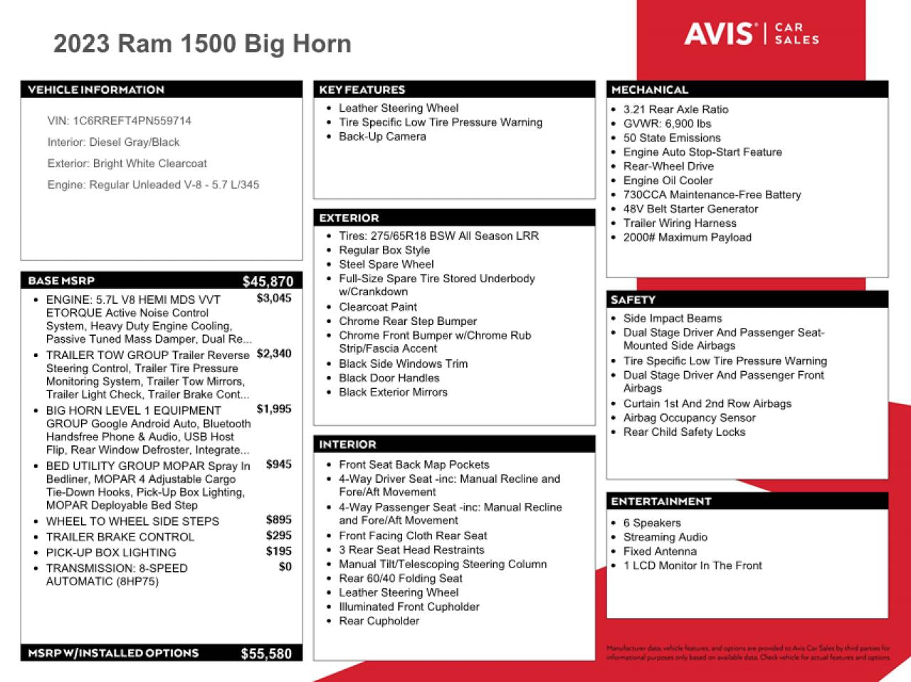 2023 RAM 1500 BIG HORN/LONE STAR VIN:1C6RREFT4PN559714