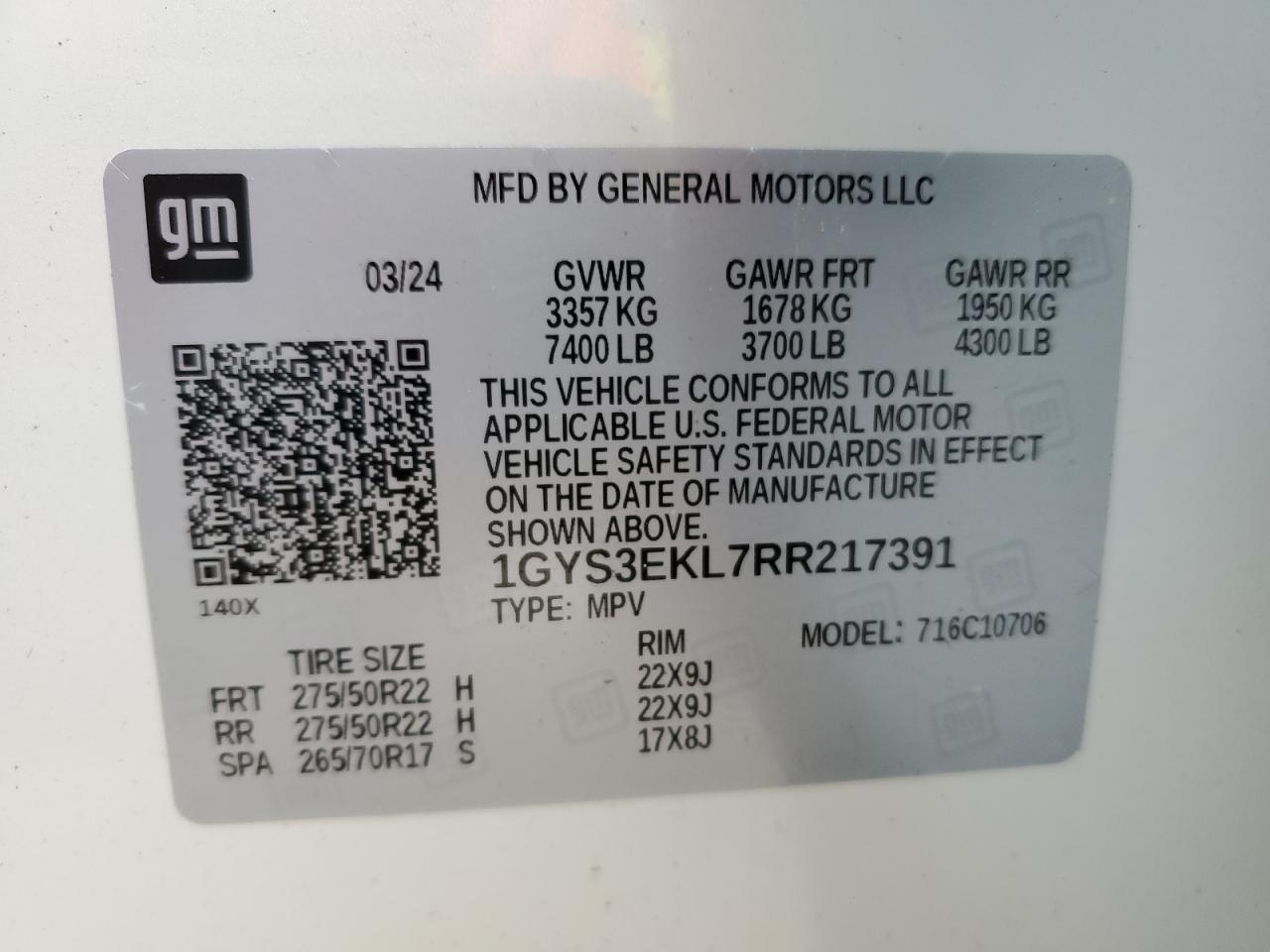 2024 CADILLAC ESCALADE SPORT VIN:1GYS3EKL7RR217391