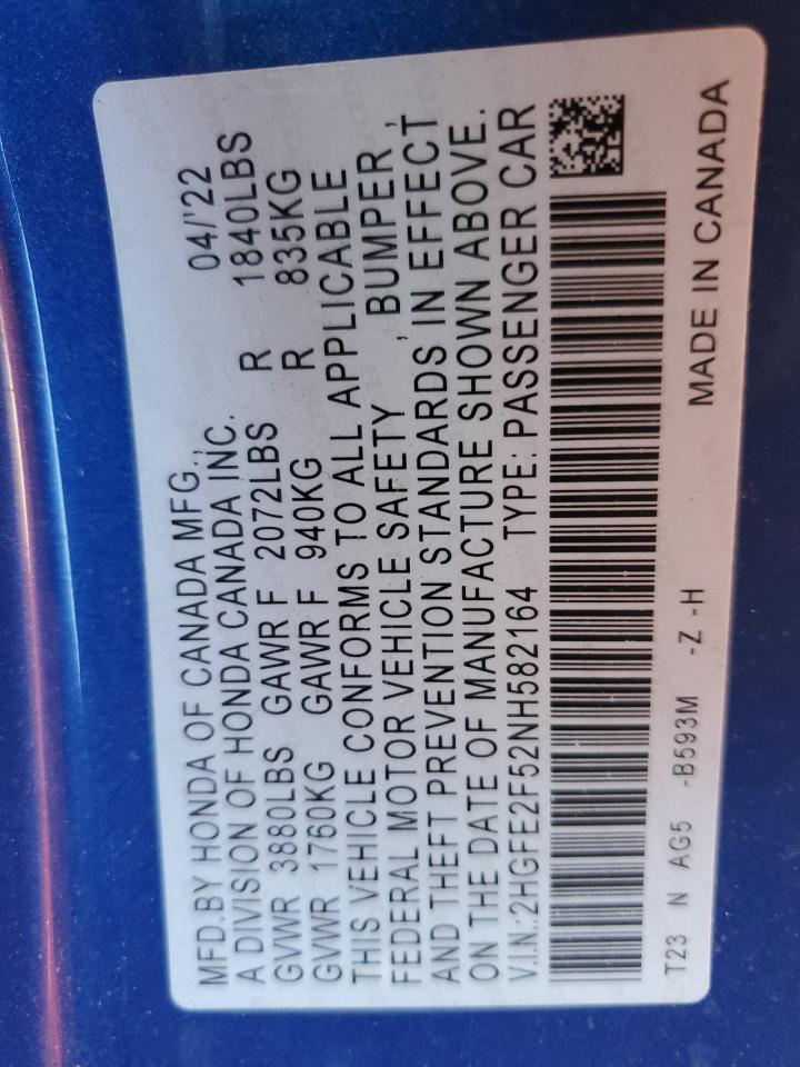 2022 HONDA CIVIC SPORT VIN:2HGFE2F52NH582164
