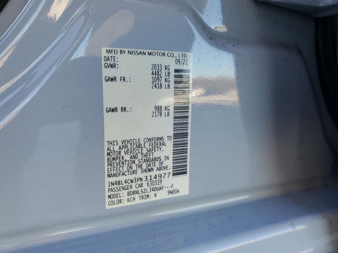 2023 NISSAN ALTIMA SR VIN:1N4BL4CW3PN314977