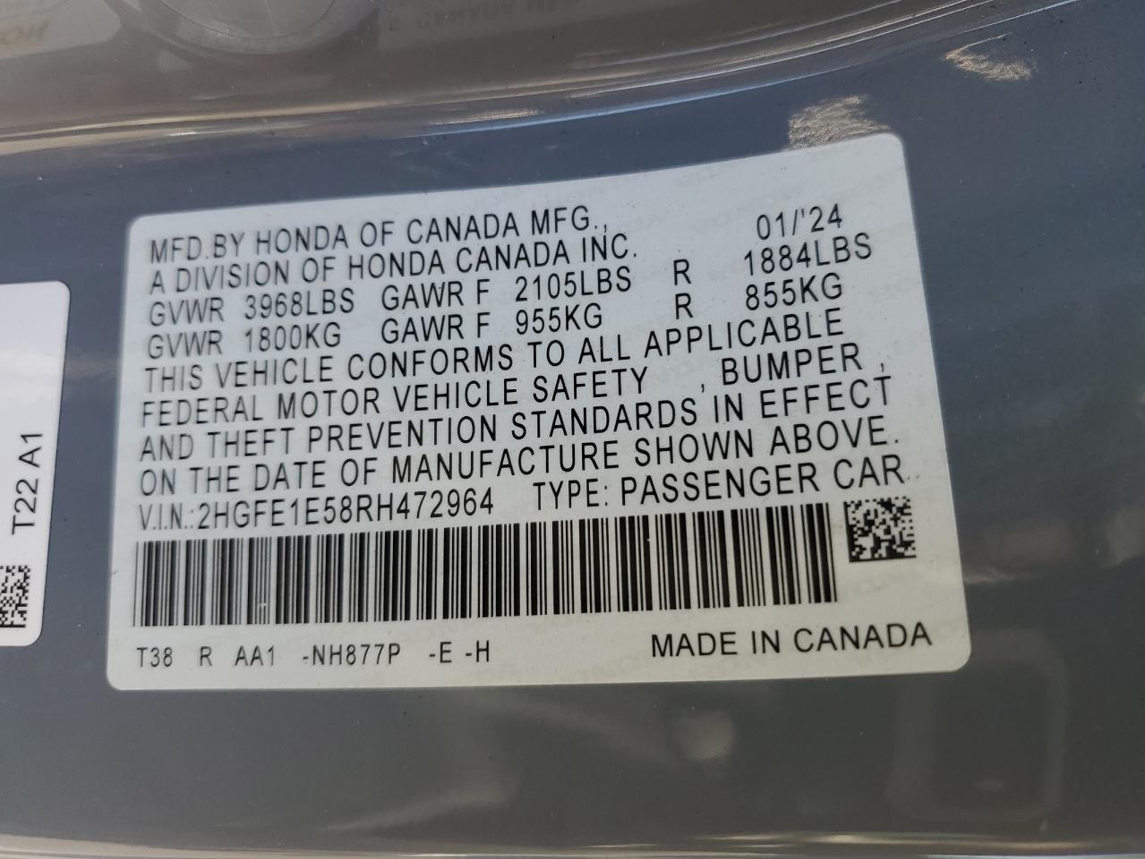 2024 HONDA CIVIC SI VIN:2HGFE1E58RH472964