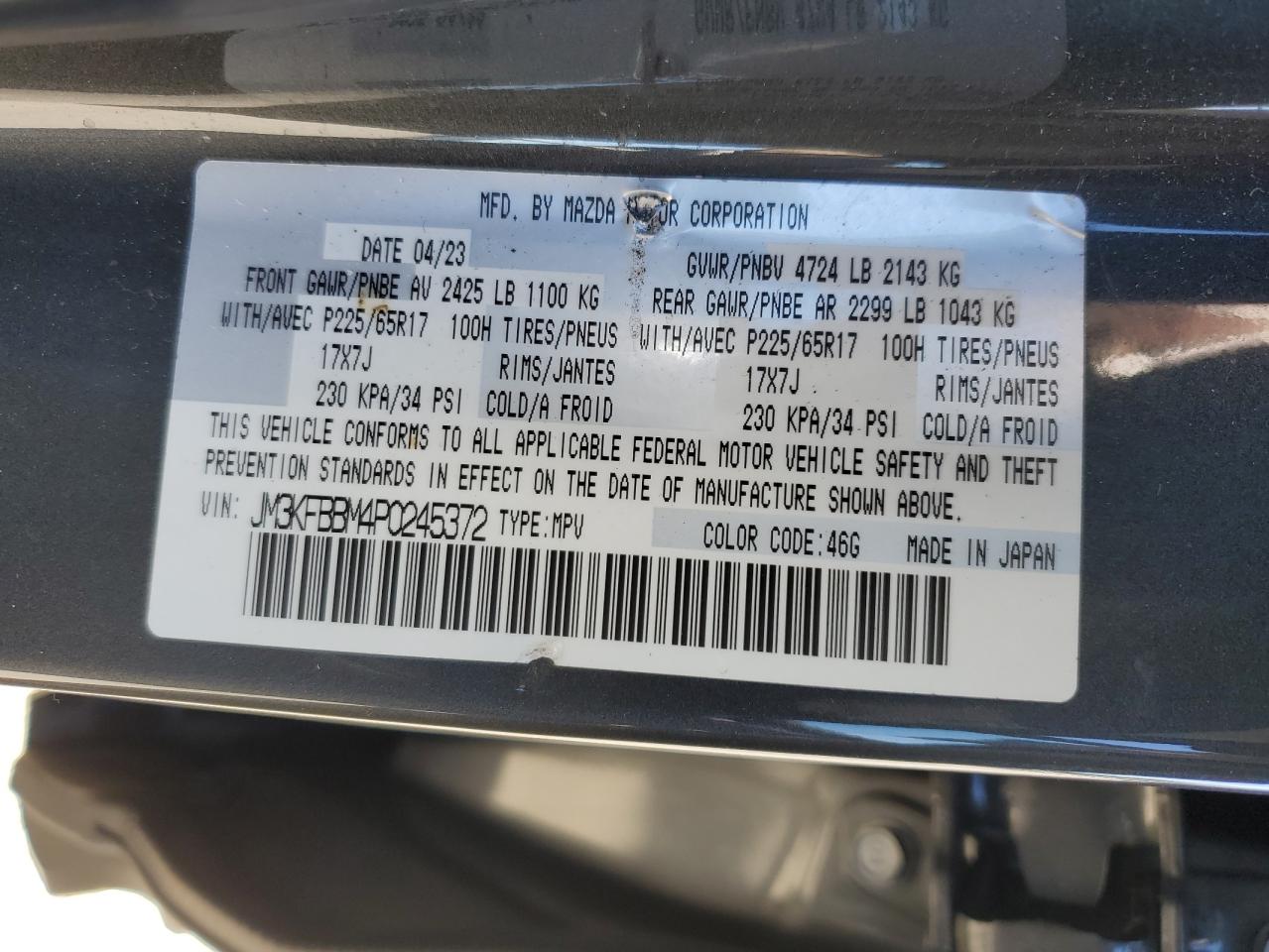 2023 MAZDA CX-5 SELECT VIN:JM3KFBBM4P0245372