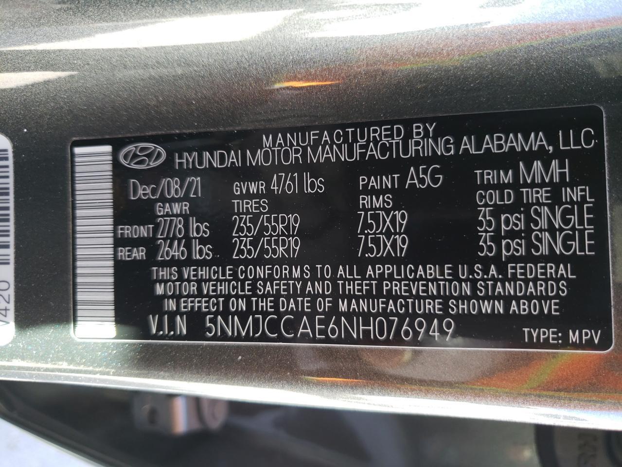 2022 HYUNDAI TUCSON SEL VIN:5NMJCCAE6NH076949