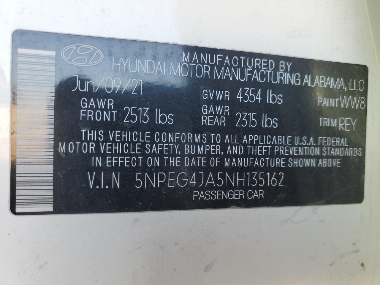 2022 HYUNDAI SONATA SE VIN:5NPEG4JA5NH135162