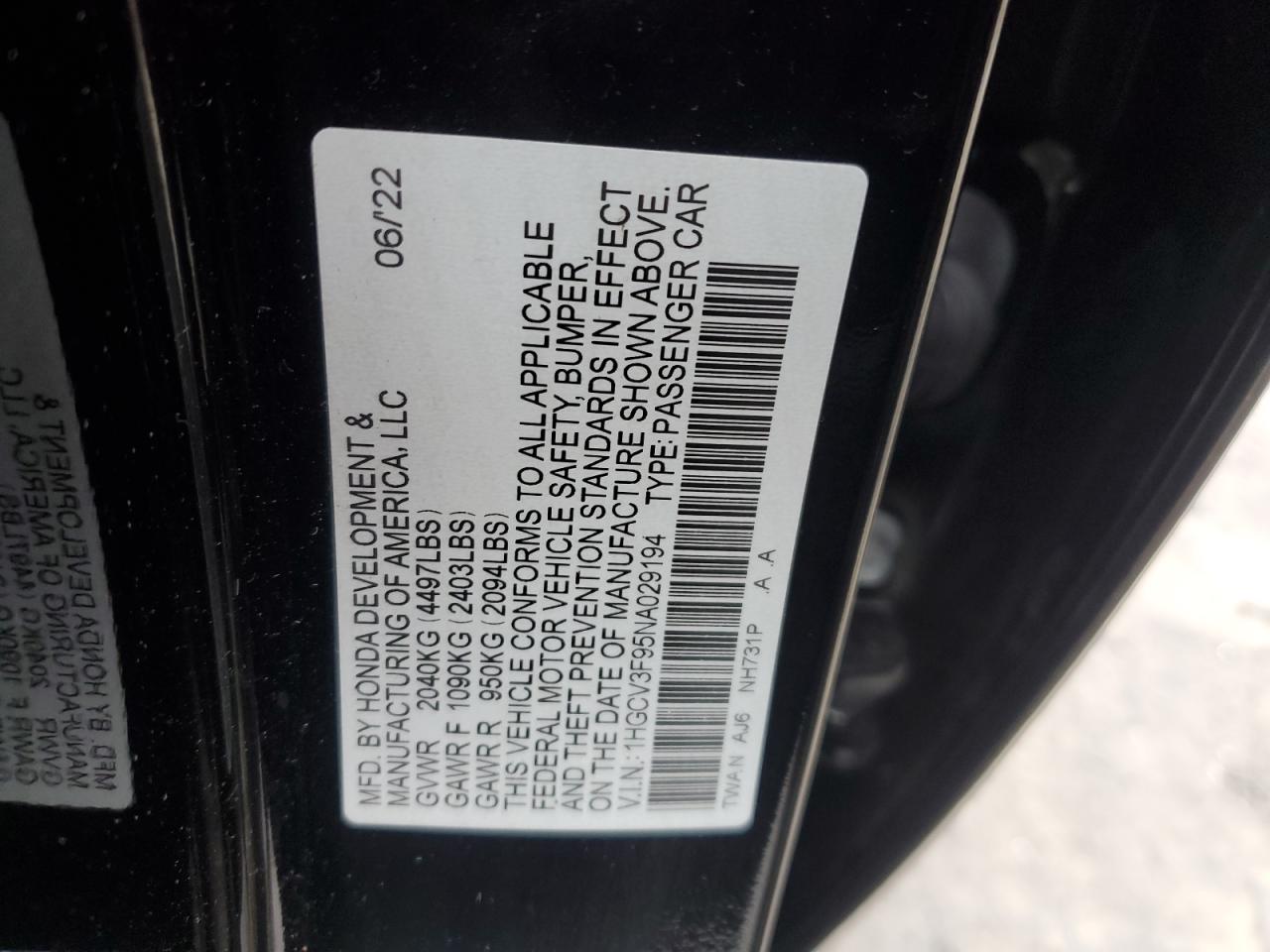 2022 HONDA ACCORD TOURING HYBRID VIN:1HGCV3F95NA029194