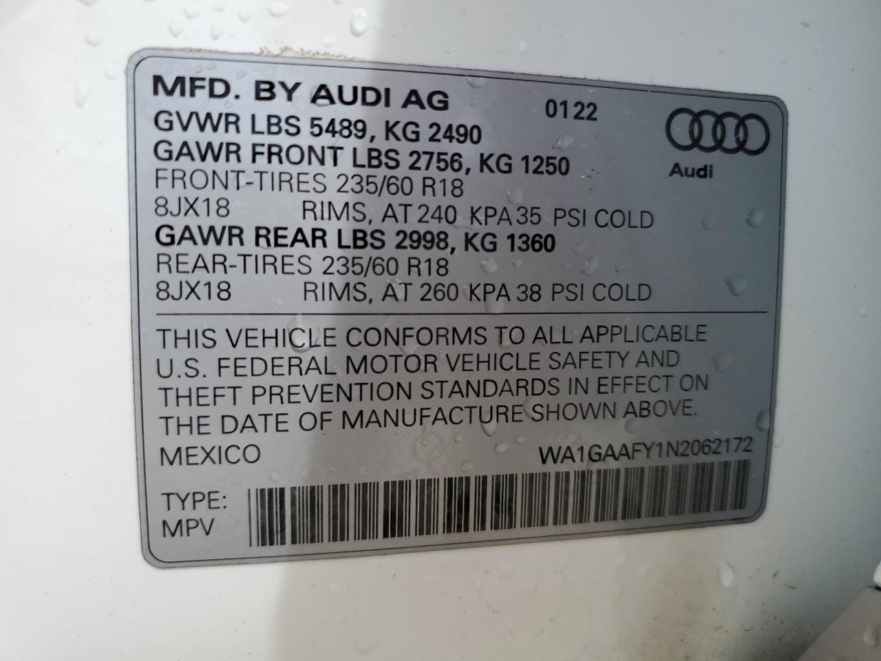 2022 AUDI Q5 PREMIUM 45 VIN:WA1GAAFY1N2062172