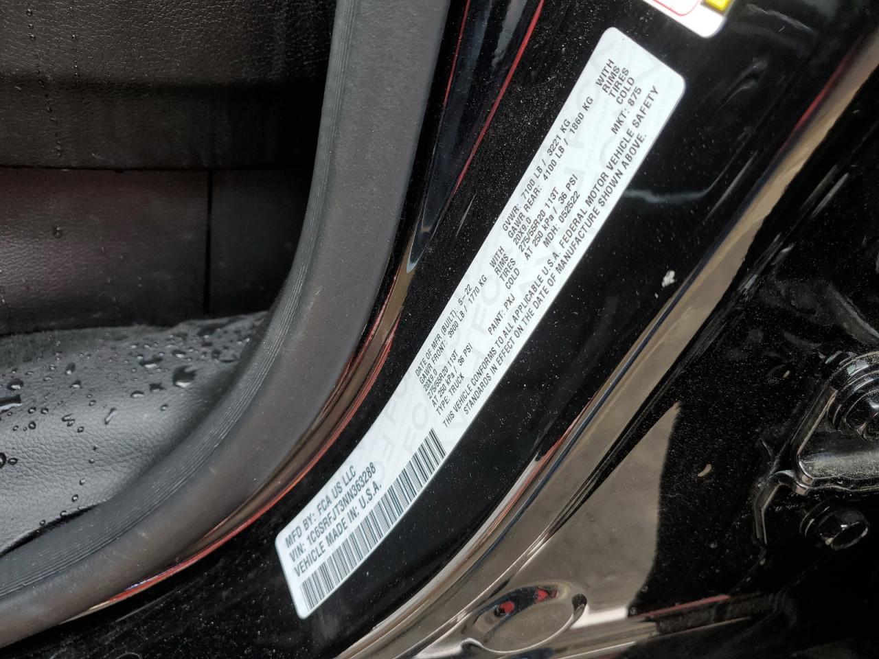 2022 RAM 1500 LARAMIE VIN:1C6SRFJT3NN363288