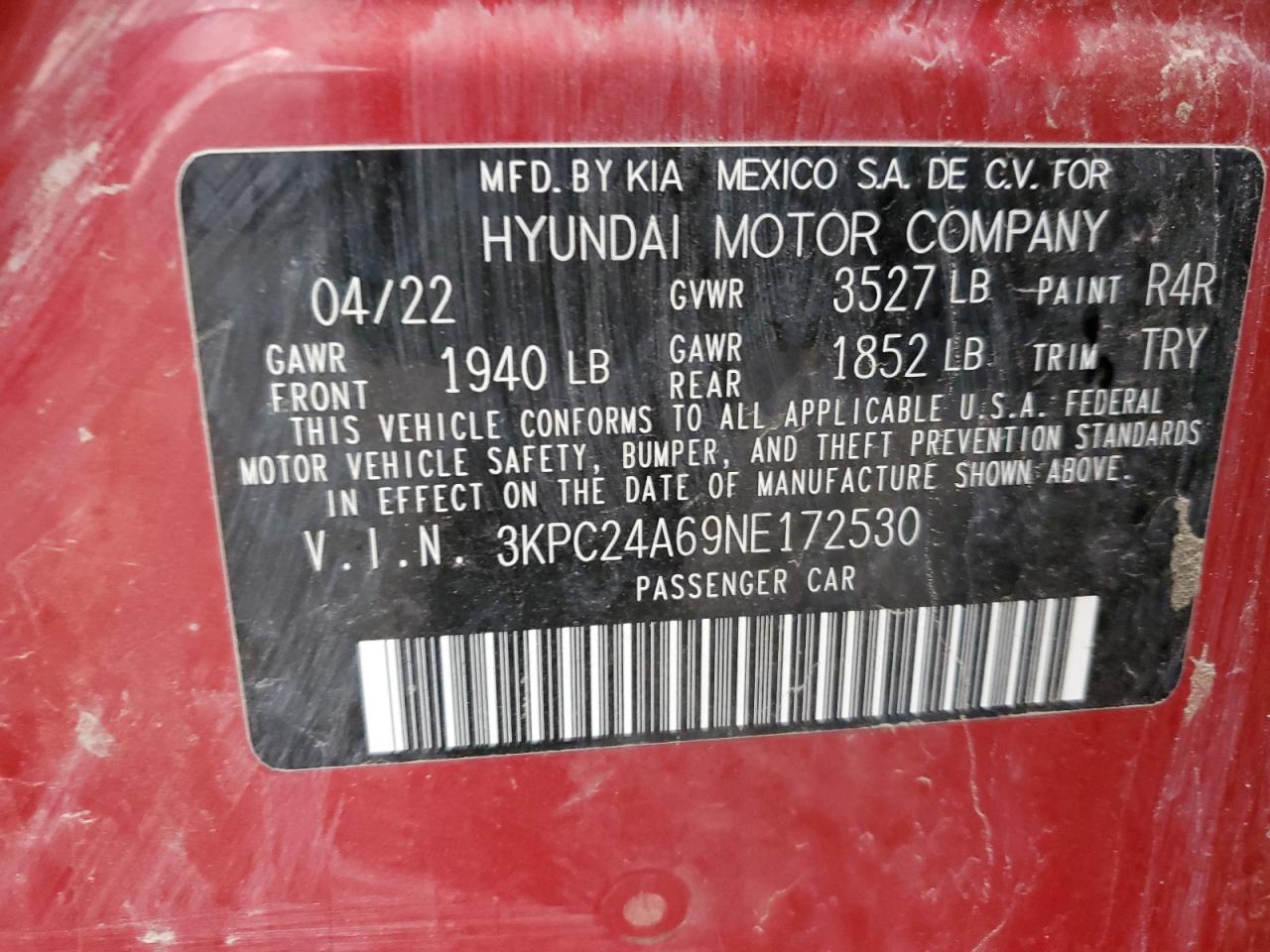 2022 HYUNDAI ACCENT SE VIN:3KPC24A69NE172530