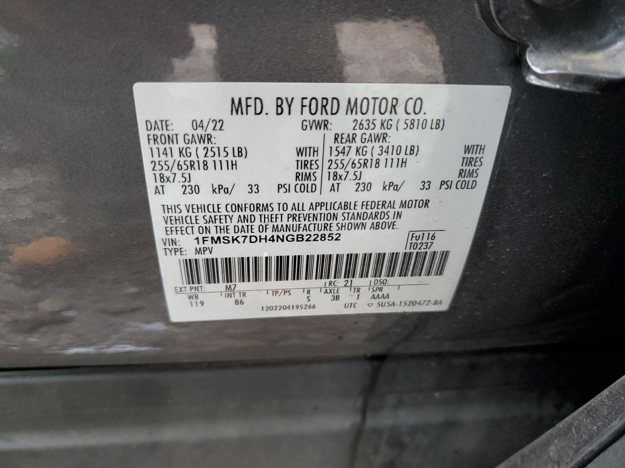 2022 FORD EXPLORER XLT VIN:1FMSK7DH4NGB22852