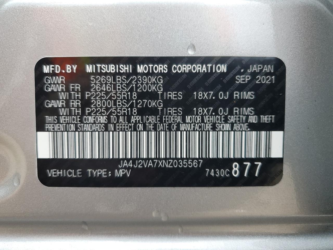 2022 MITSUBISHI OUTLANDER SEL VIN:JA4J2VA7XNZ035567