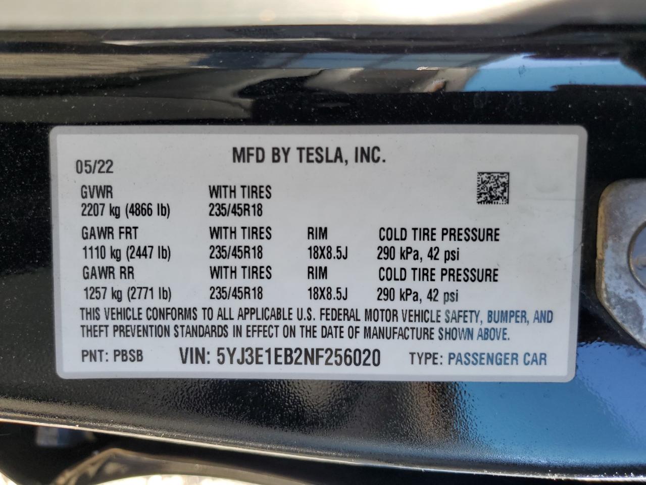 2022 TESLA MODEL 3  VIN:5YJ3E1EB2NF256020