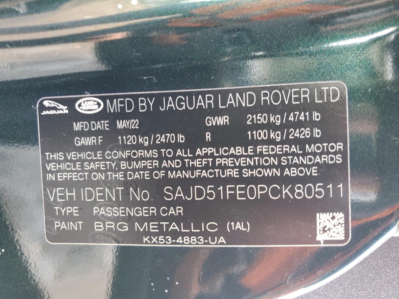 2023 JAGUAR F-TYPE R VIN:SAJD51FE0PCK80511