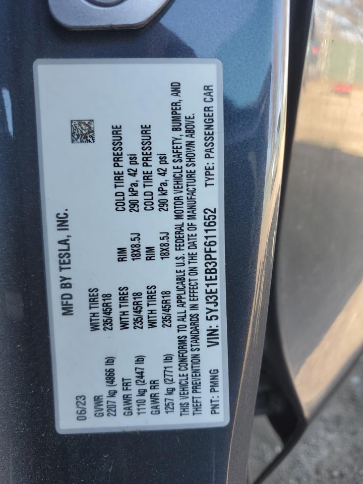 2023 TESLA MODEL 3  VIN:5YJ3E1EB3PF611652