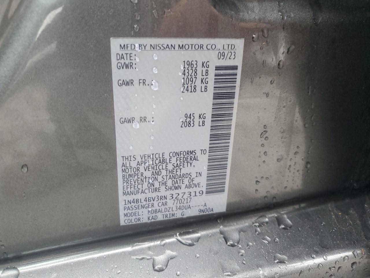 2024 NISSAN ALTIMA S VIN:1N4BL4BV3RN327319