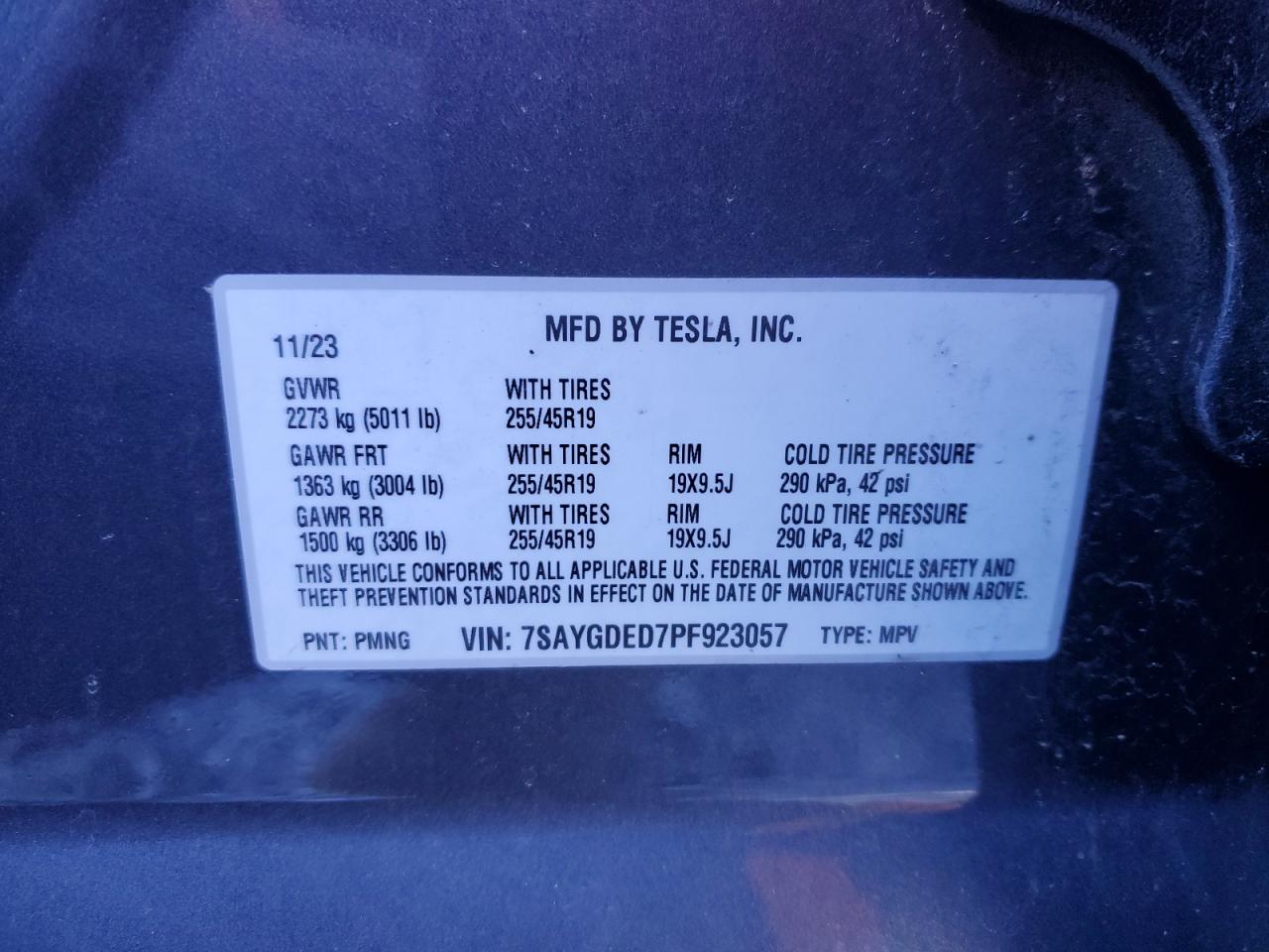 2023 TESLA MODEL Y  VIN:7SAYGDED7PF923057
