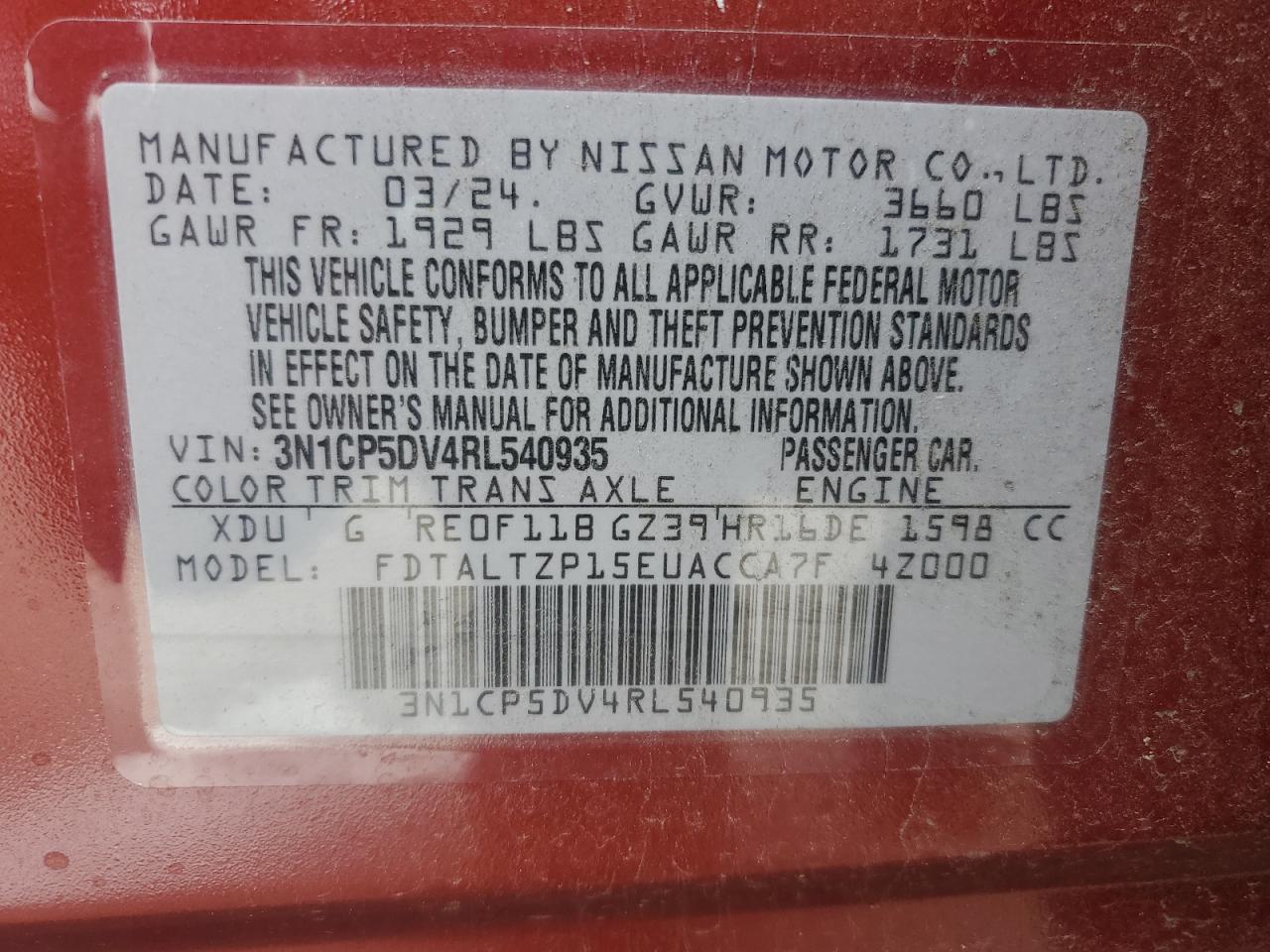 2024 NISSAN KICKS SR VIN:3N1CP5DV4RL540935