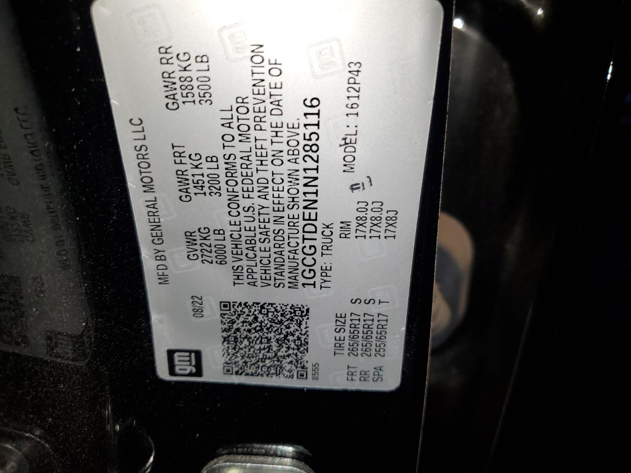 2022 CHEVROLET COLORADO Z71 VIN:1GCGTDEN1N1285116