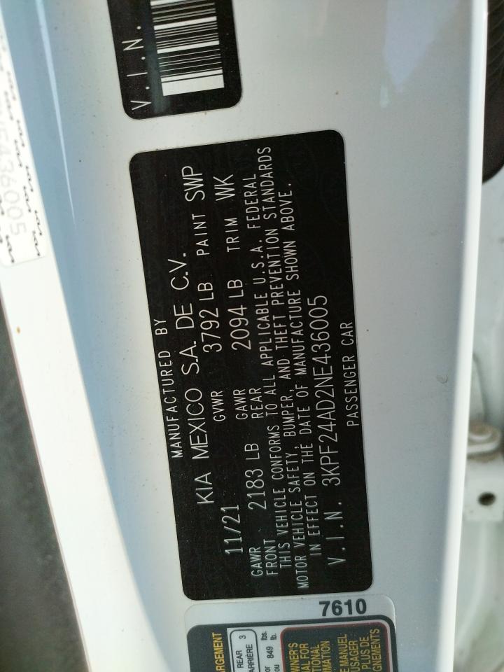 2022 KIA FORTE FE VIN:3KPF24AD2NE436005