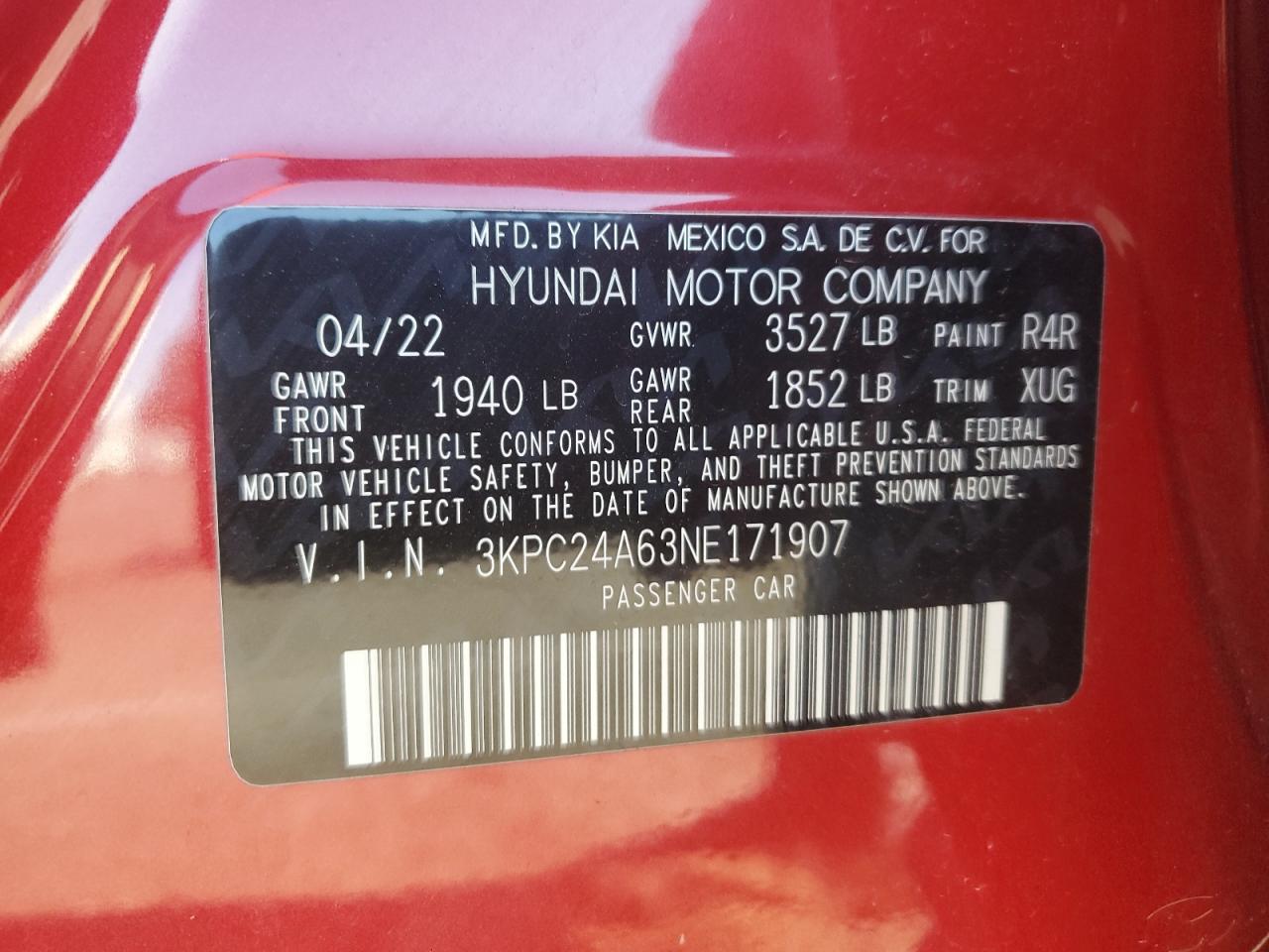2022 HYUNDAI ACCENT SE VIN:3KPC24A63NE171907
