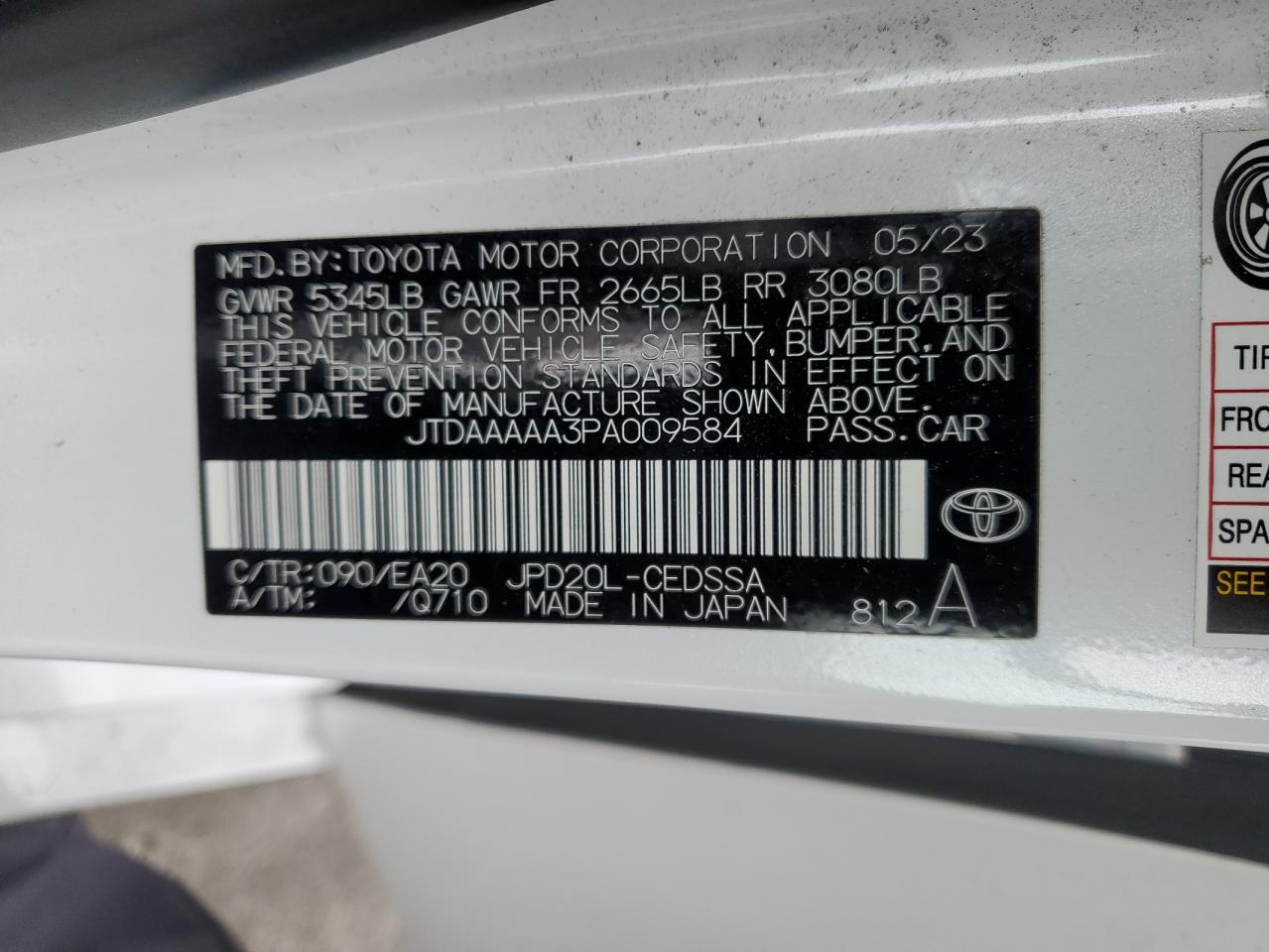 2023 TOYOTA MIRAI XLE VIN:JTDAAAAA3PA009584