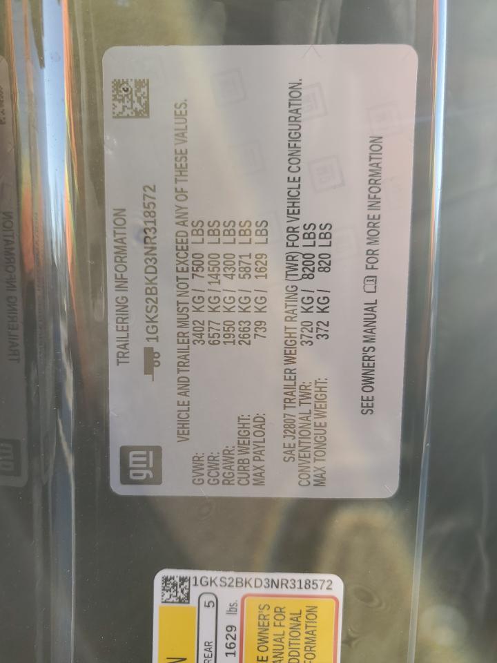 2022 GMC YUKON SLT VIN:1GKS2BKD3NR318572
