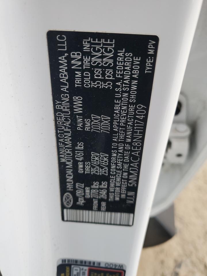 2022 HYUNDAI TUCSON SE VIN:5NMJACAE8NH117409