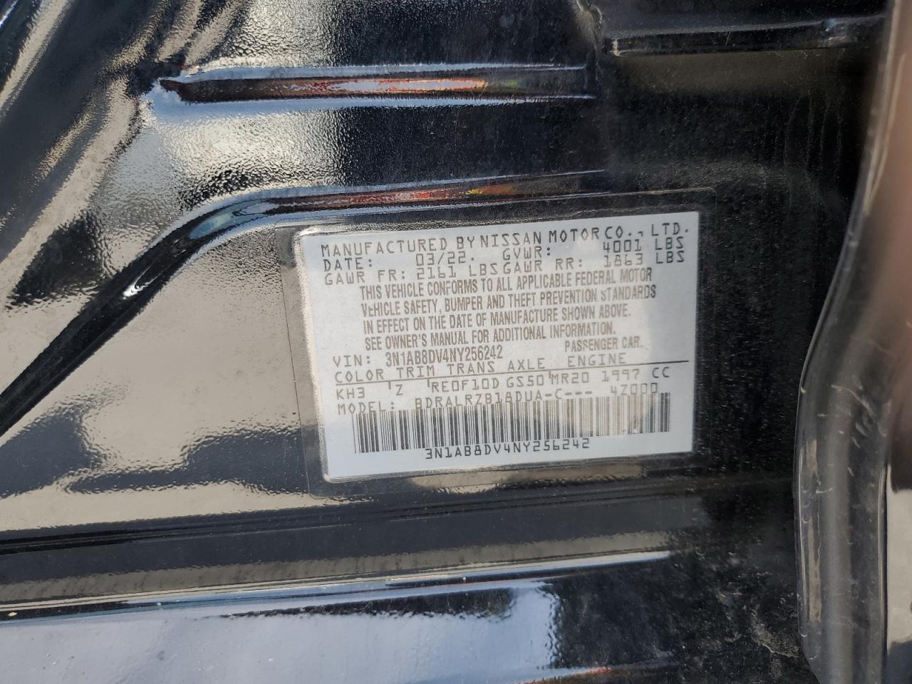 2022 NISSAN SENTRA SR VIN:3N1AB8DV4NY256242