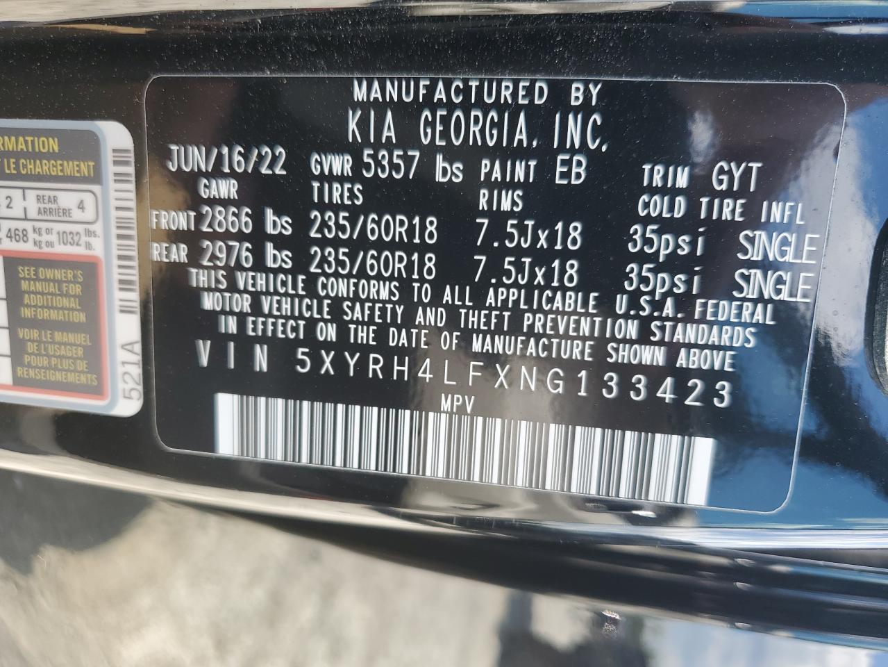 2022 KIA SORENTO EX VIN:5XYRH4LFXNG133423