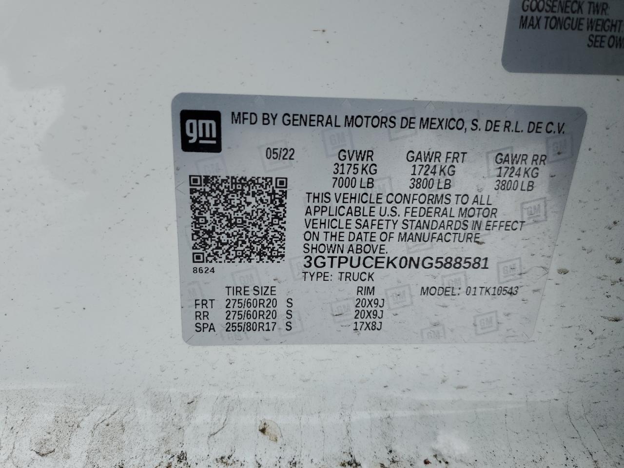 2022 GMC SIERRA K1500 ELEVATION VIN:3GTPUCEK0NG588581