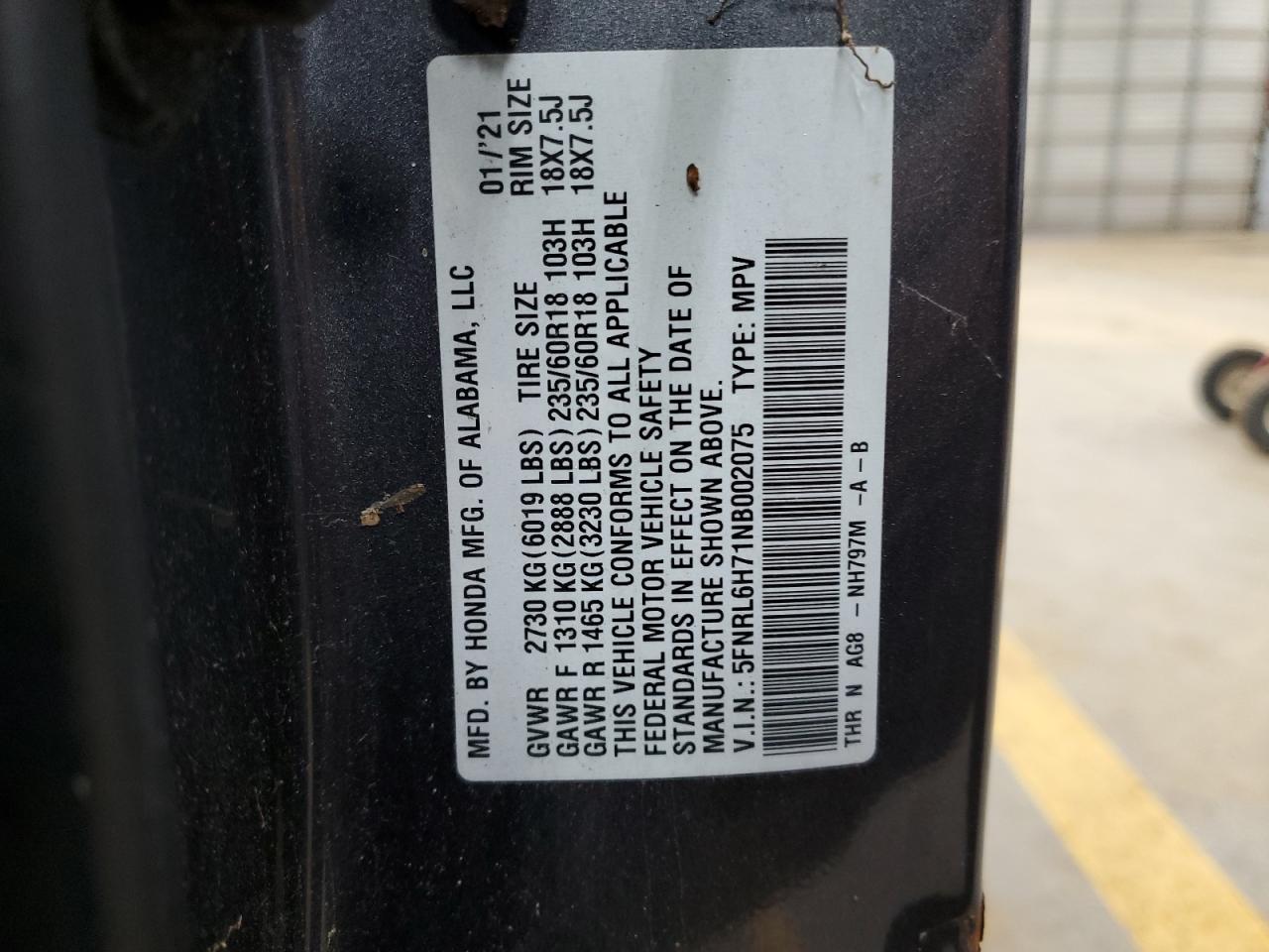 2022 HONDA ODYSSEY EXL VIN:5FNRL6H71NB002075