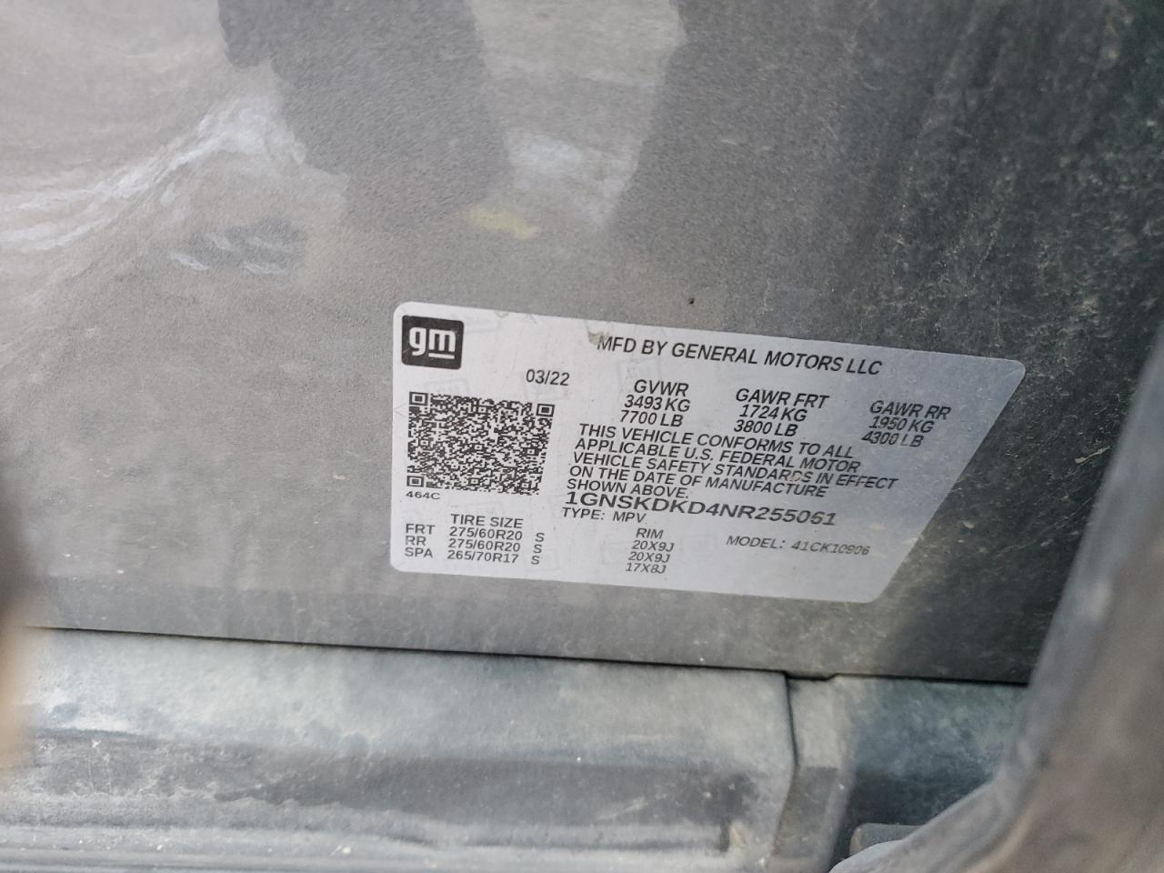 2022 CHEVROLET SUBURBAN K1500 Z71 VIN:1GNSKDKD4NR255061